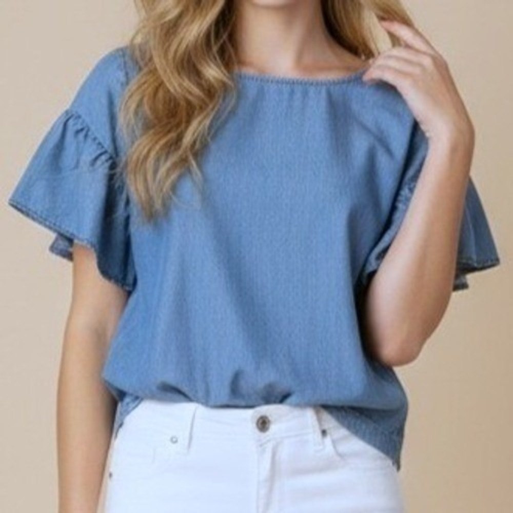 LOFT Chambray Flutter Sleeve Top XSP‎ Blue Lyocell V-Back Boho Coastal Blouse